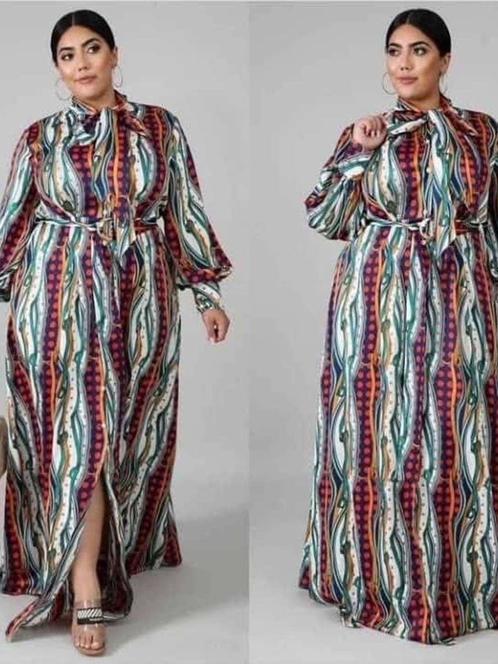 Plus Tie-Neck Long Sleeve Maxi Dress Kimono Dress in Multi-Color